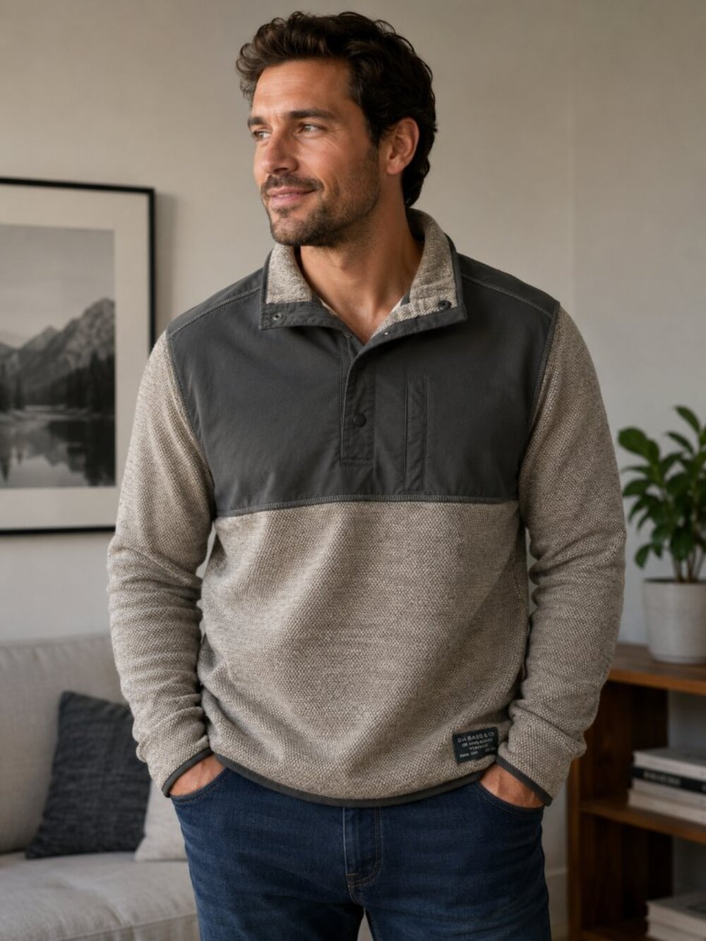 G.H. Bass & Co For Hard Service Pullover XL Gray Snap Neck Knit Fleece Sweater